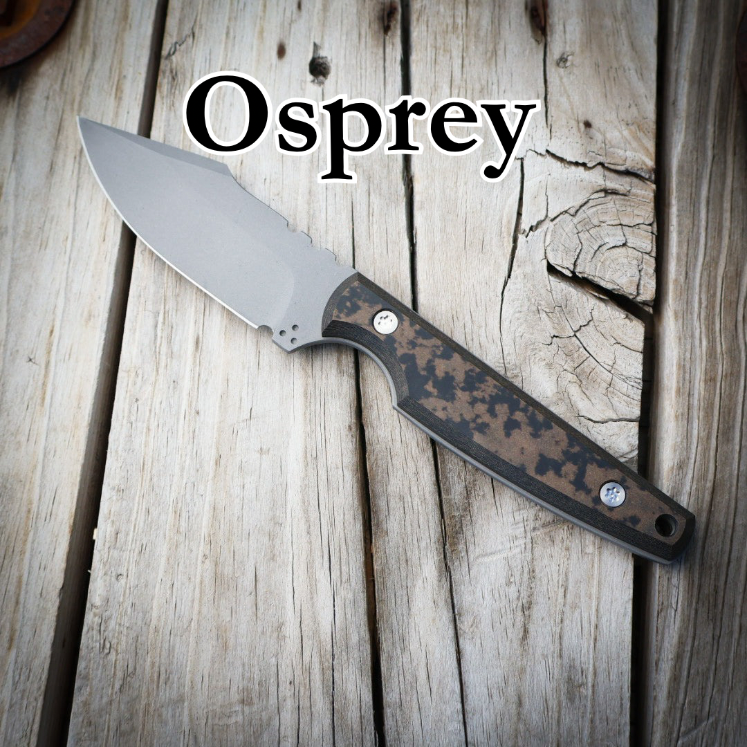 Knife sitting on wooden surface. Text “Osprey”