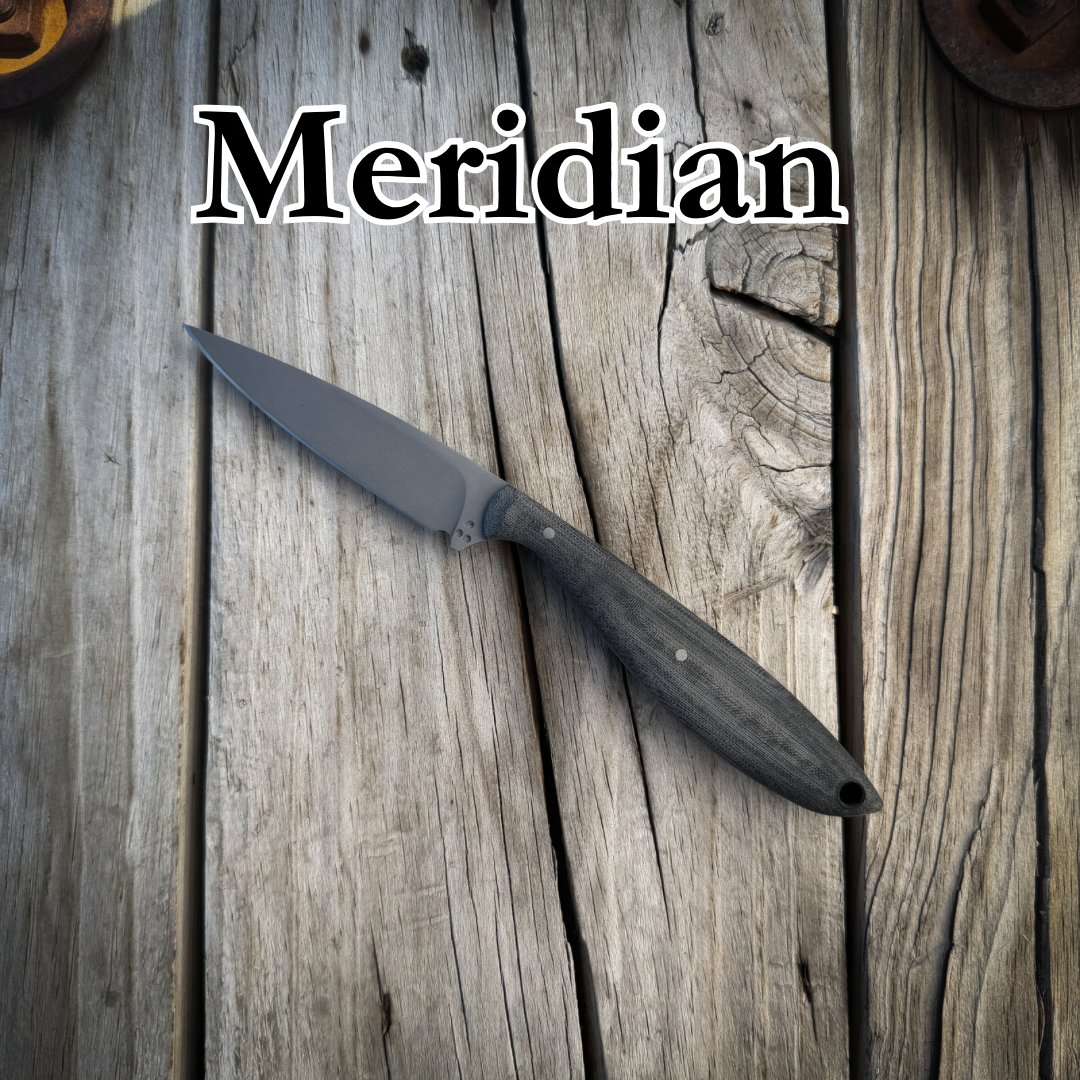 Slim knife laying on wooden surface with text “Meridian” above it 