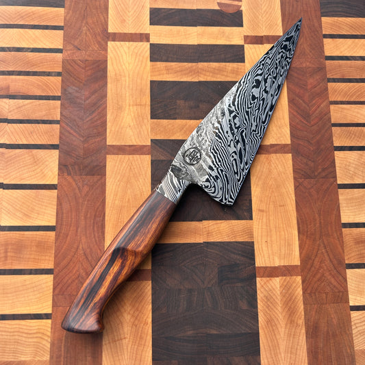 Large 14.5 inch damscus kitchen knife with sculpted ironwood handle