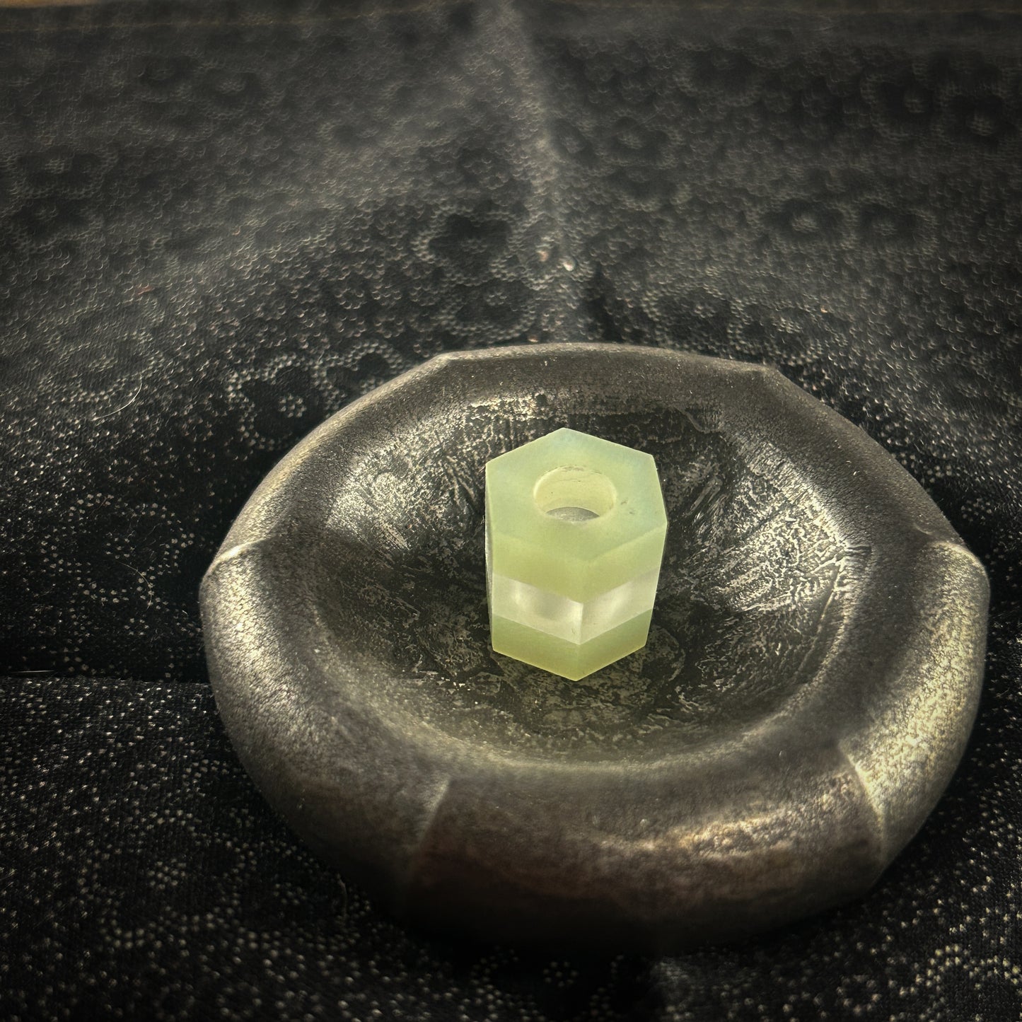 Jade & clear hexagonal lanyard bead in metal dish 