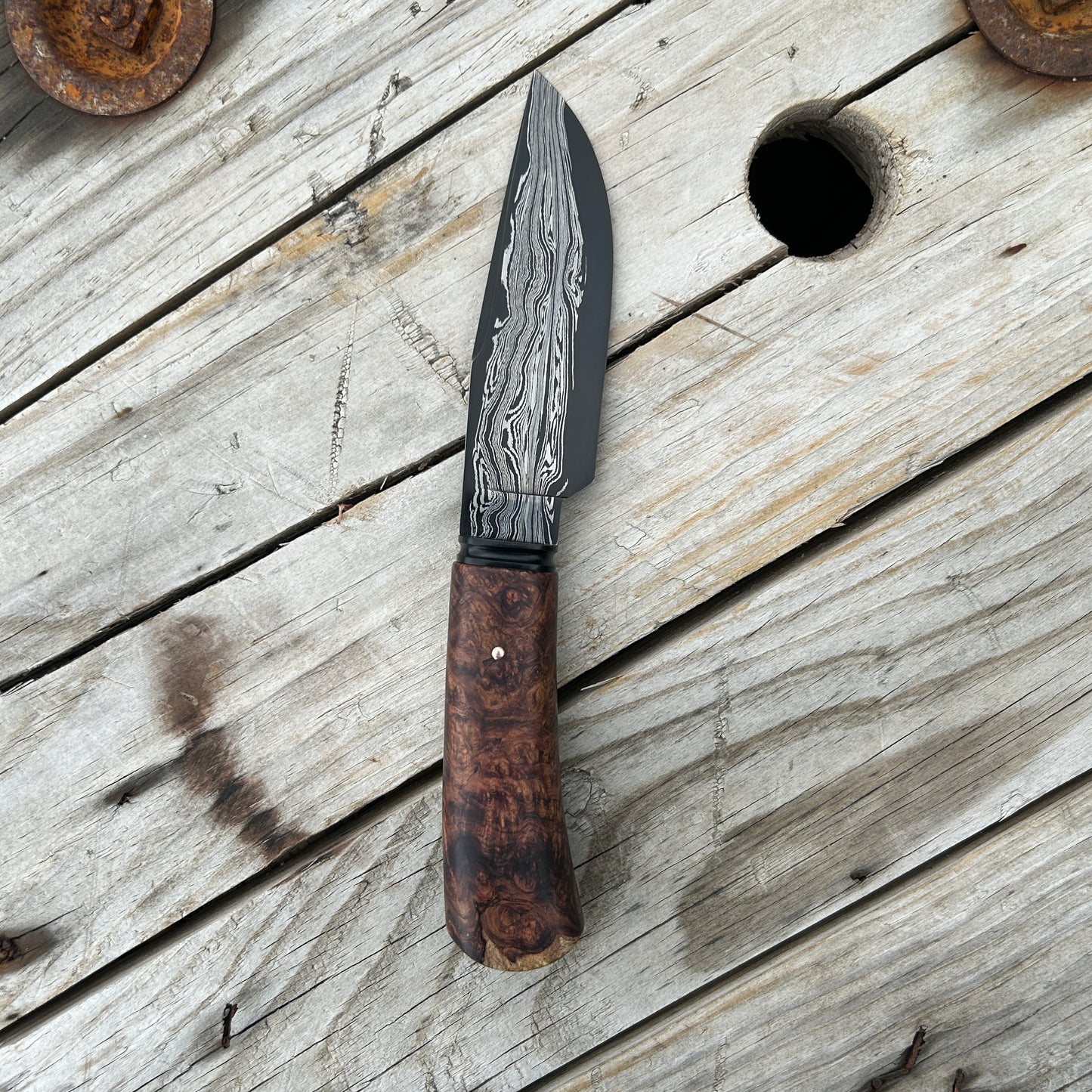 profile view of damascus hunter knife, right side