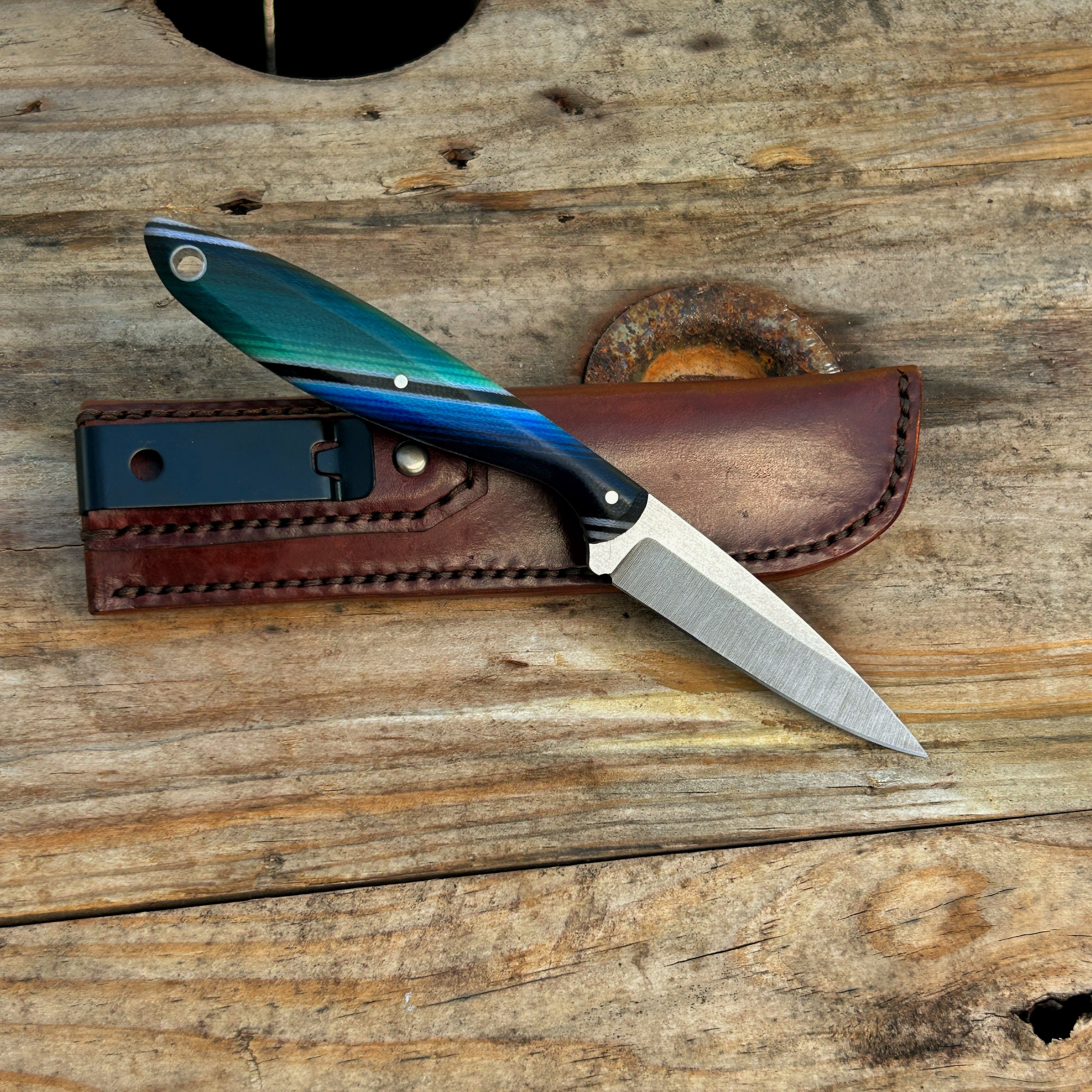 7 inch bird & trout knife with blue/green serapa micarta handle