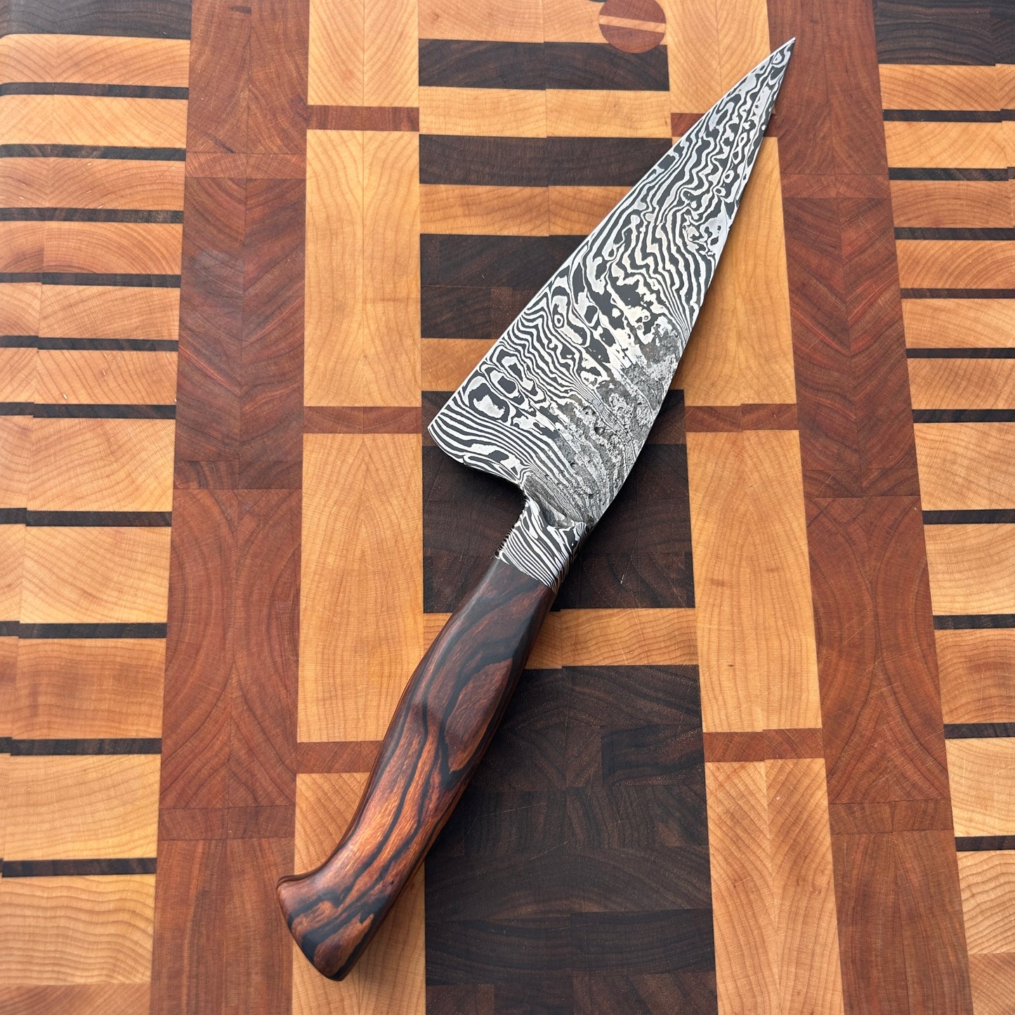 Large 14.5 inch damscus kitchen knife with sculpted ironwood handle