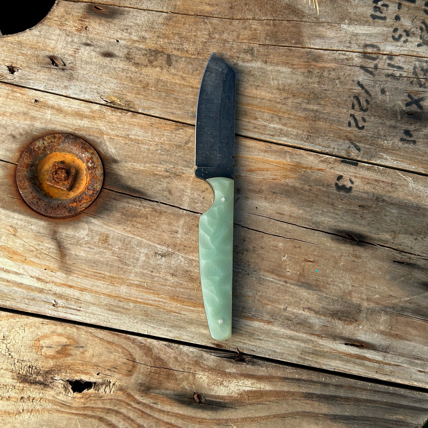 8 inch sheepsfoot style knife with black stonewashed blade & rock textured jade G-10 handle