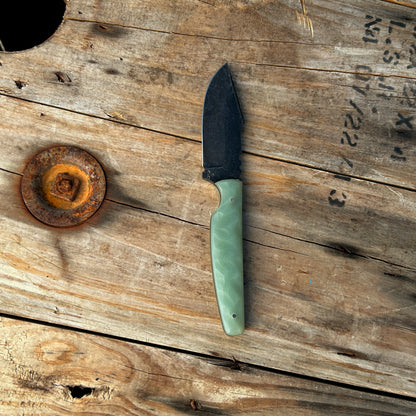 8 inch harpoon style knife, black stonewashed with rock textured jade G-10 handle