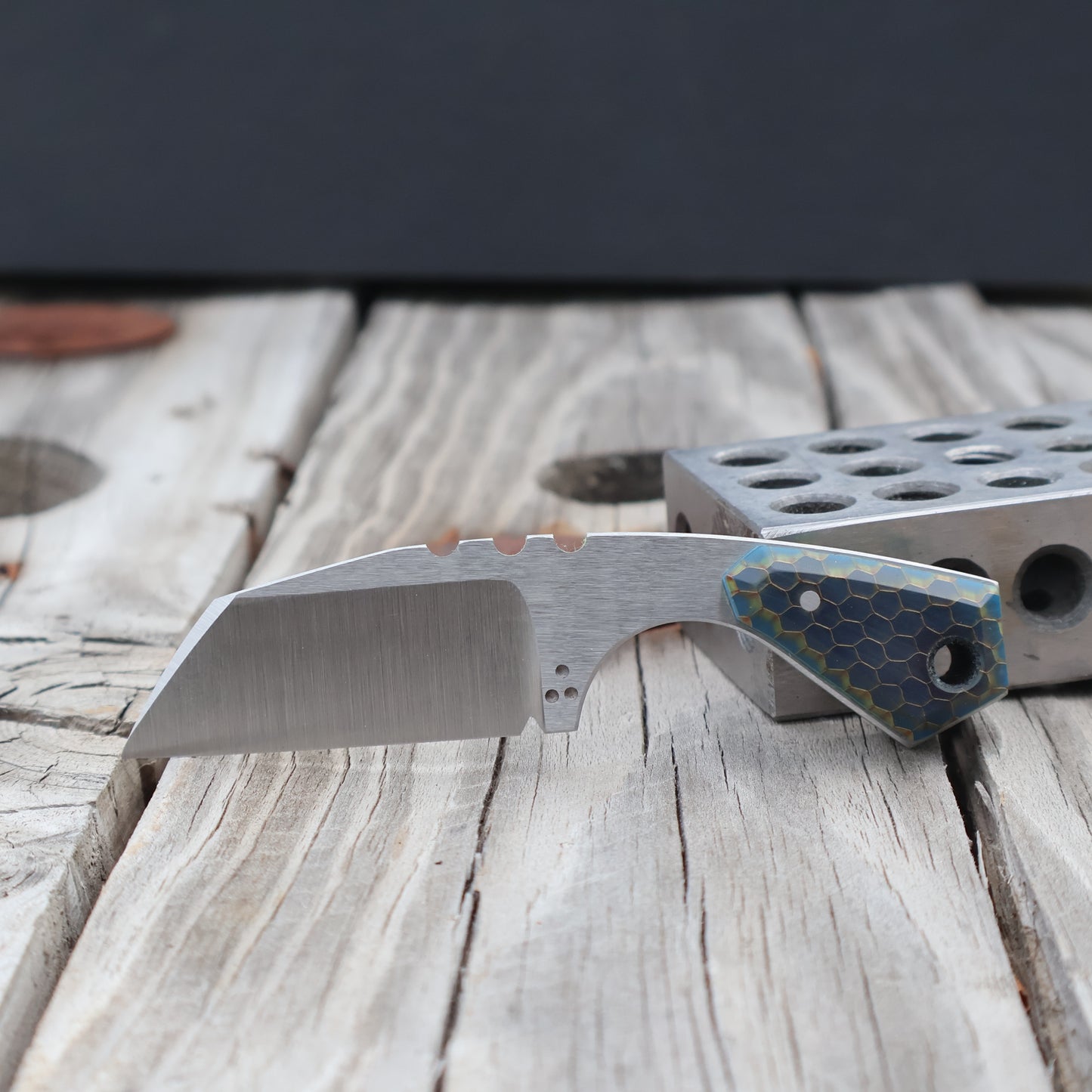 Small Wharncliffe neck knife with blue honecomb resin handles 