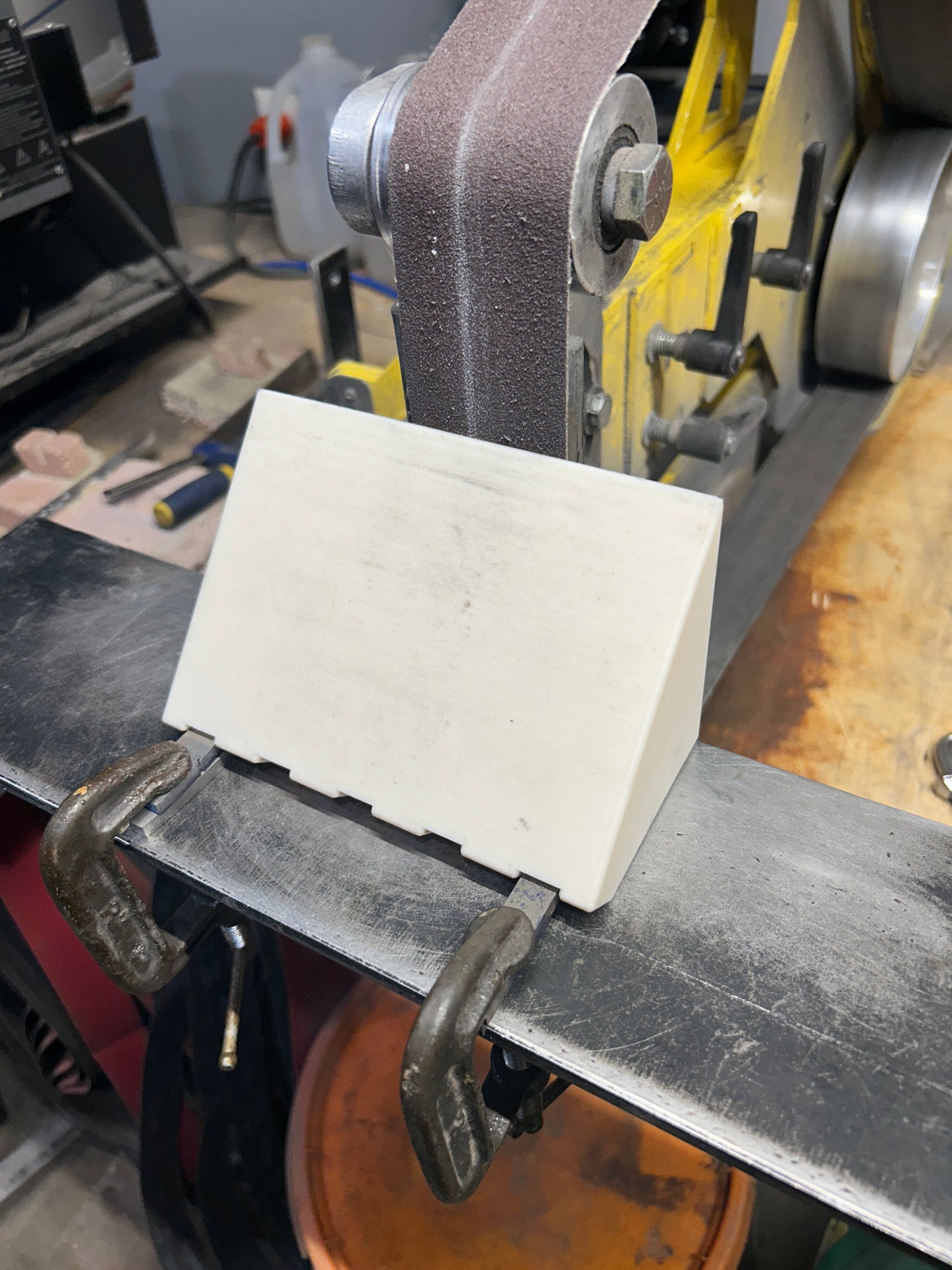 Chamfer jig with modified clamping workaround shown 