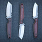 Three knives with wooden handles and metal blades on a black foam surface
