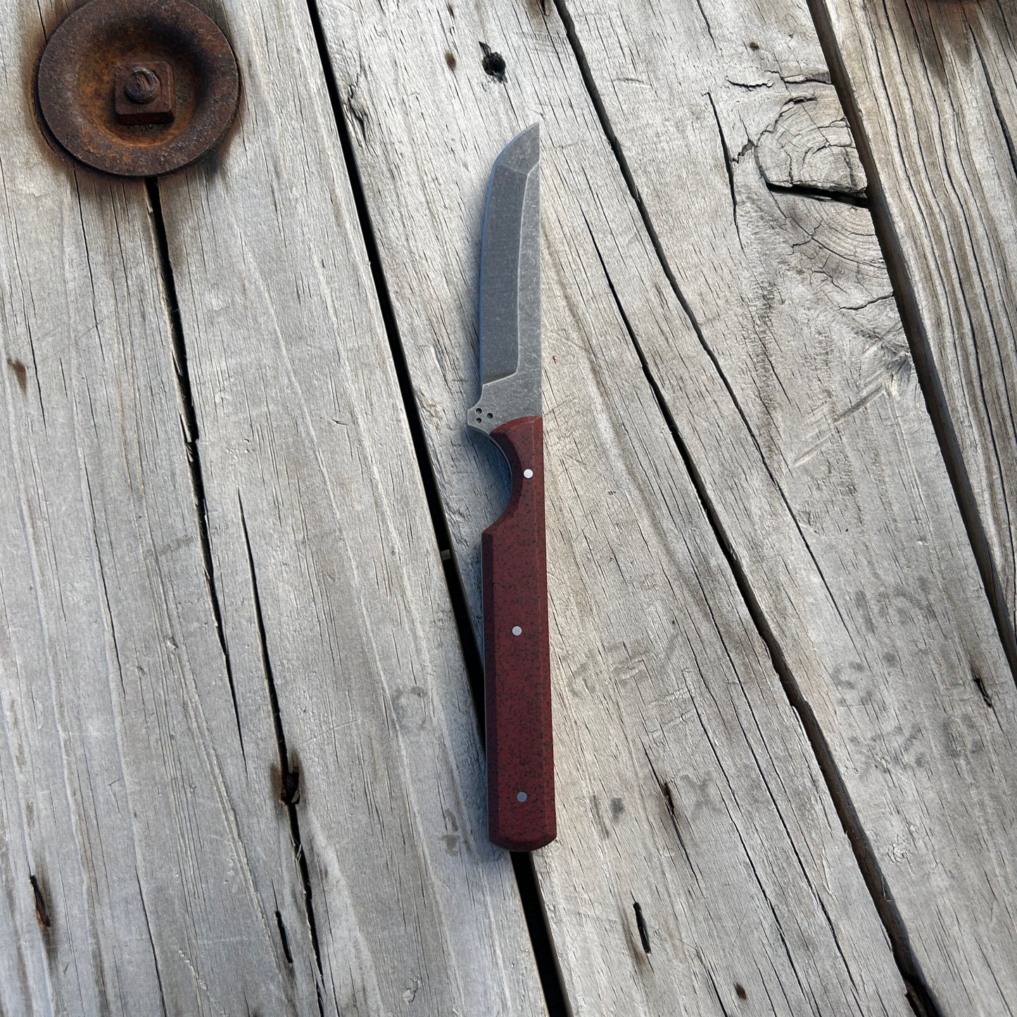 8 inch tanto knife with dark red grip-tec handle