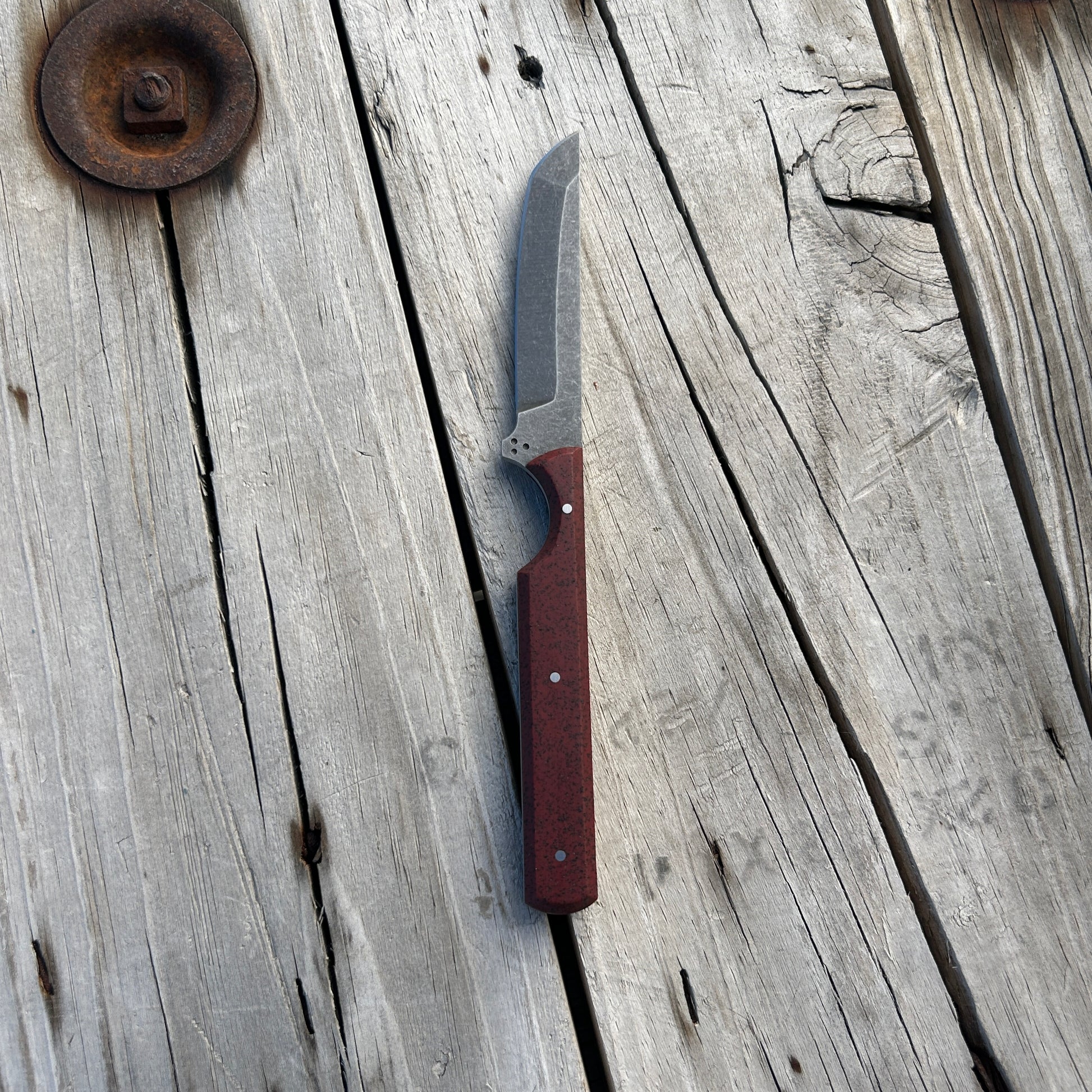 8 inch tanto knife with dark red grip-tec handle