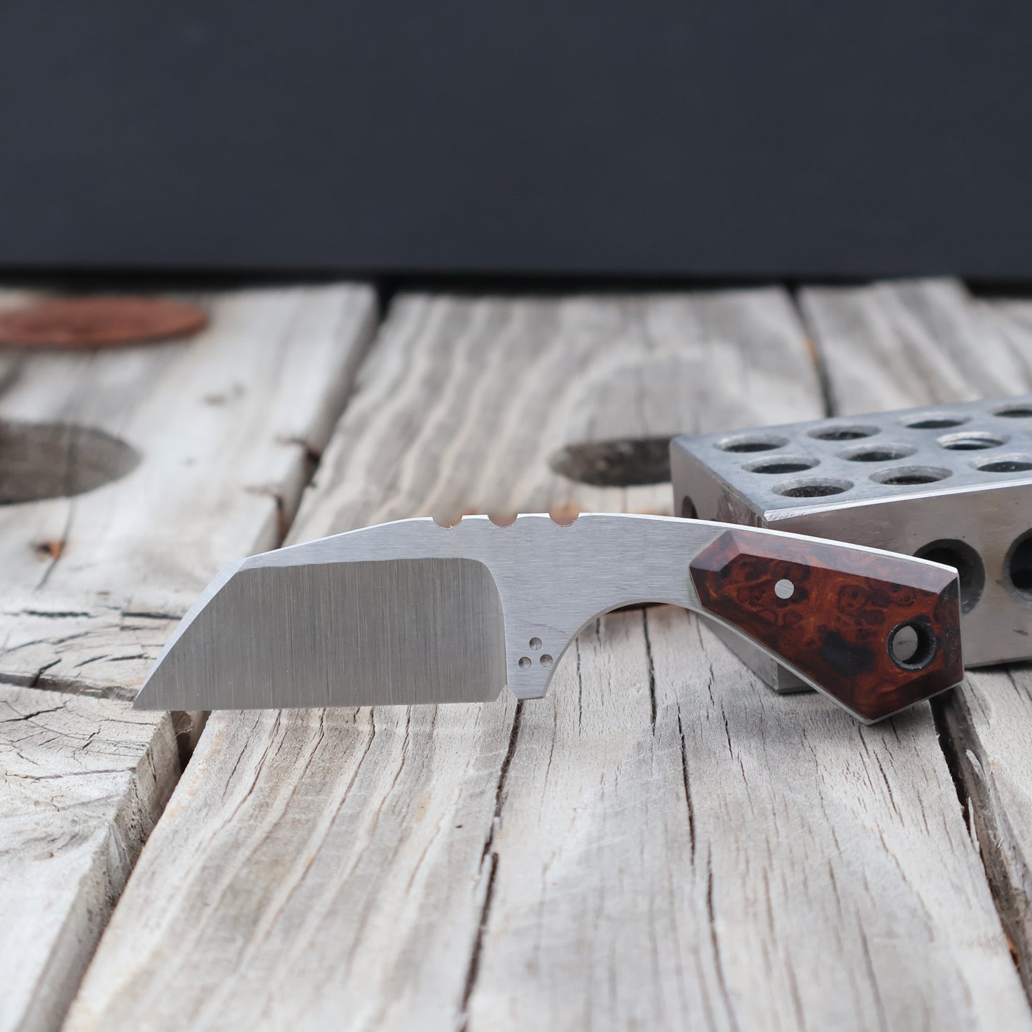 Small Wharncliffe neck knife with  ironwwod burl handle scales and belt satin finish