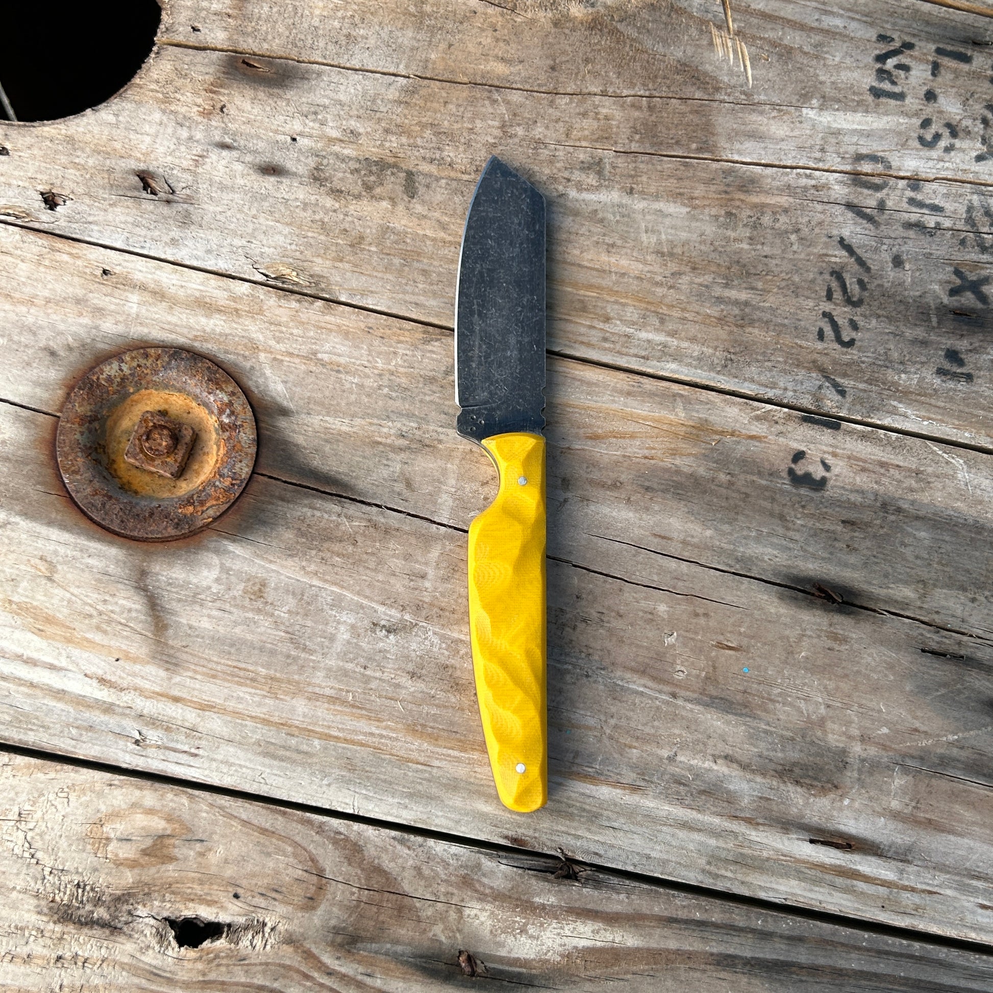 8 inch sheepsfoot style knife with black stonewashed blade & rock textured yellow G-10 handle