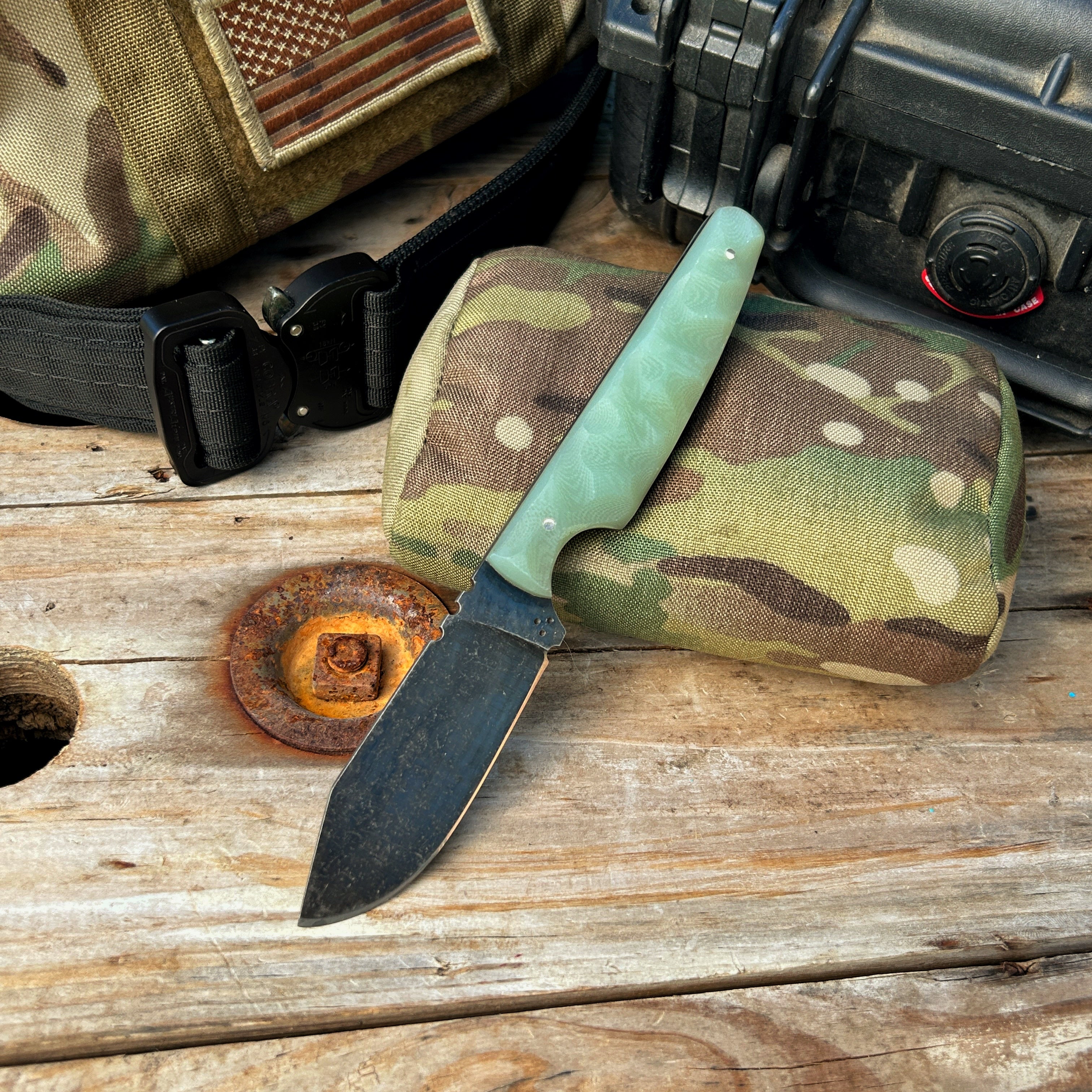 8 inch spey point knife with rock textured jade G-10 handle