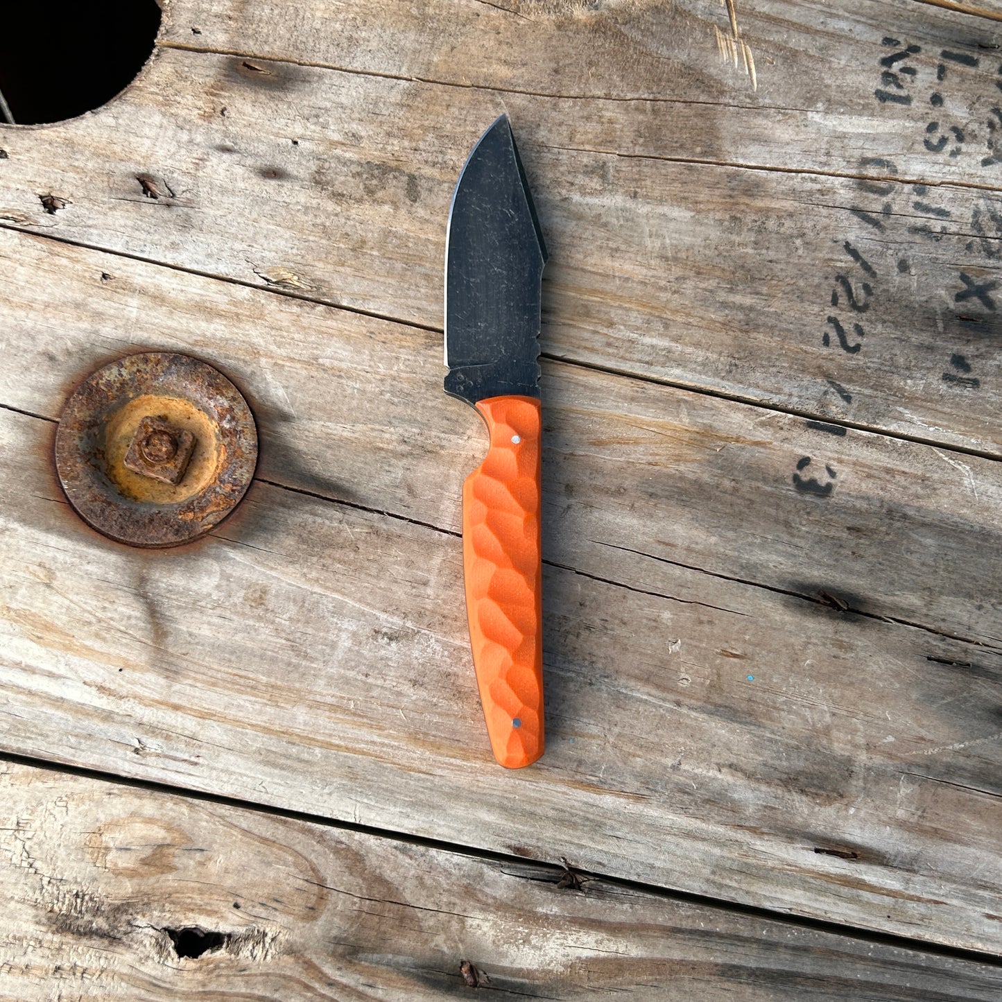 8 inch harpoon style knife with acid washed blade & rock textured orange  G-10 handle