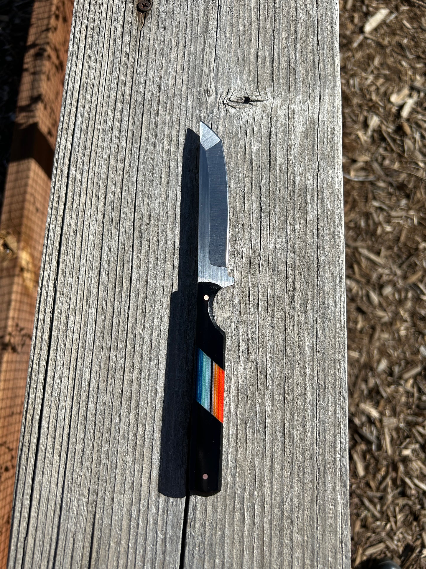 8 inch tanto knife with black, blue & red serape handle