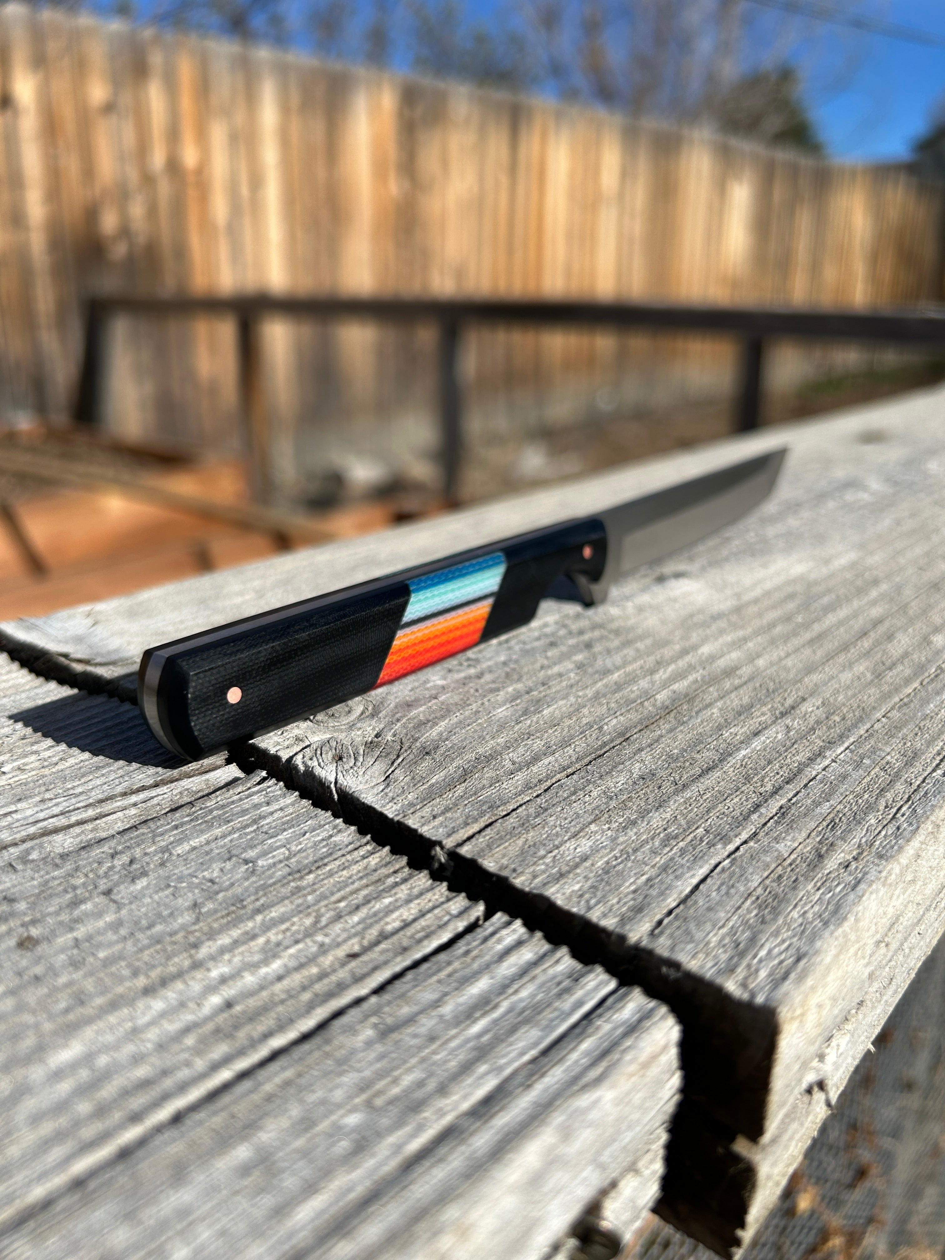 8 inch tanto knife with black, blue & red serape handle