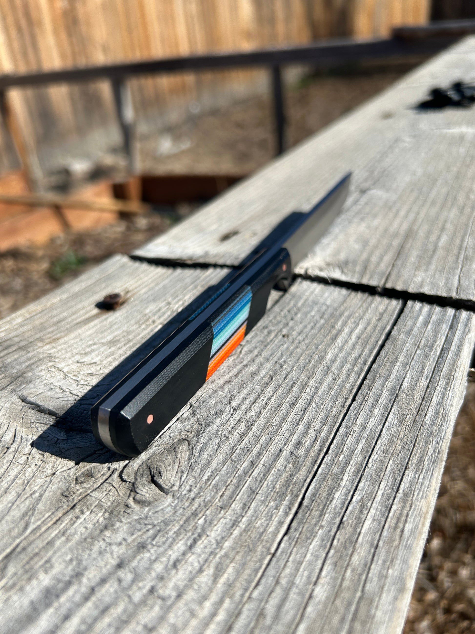 8 inch tanto knife with black, blue & red serape handle