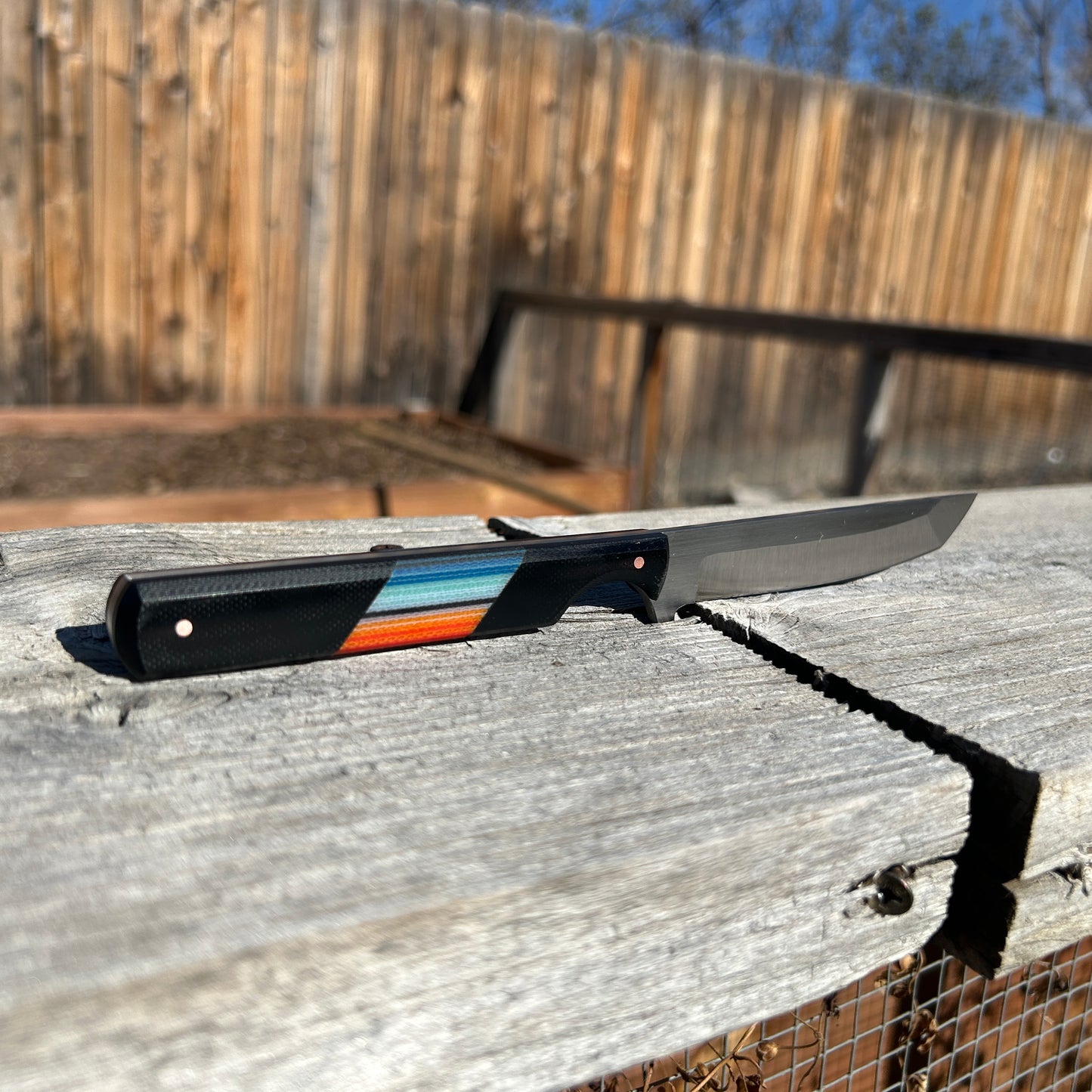 8 inch tanto knife with black, blue & red serape handle