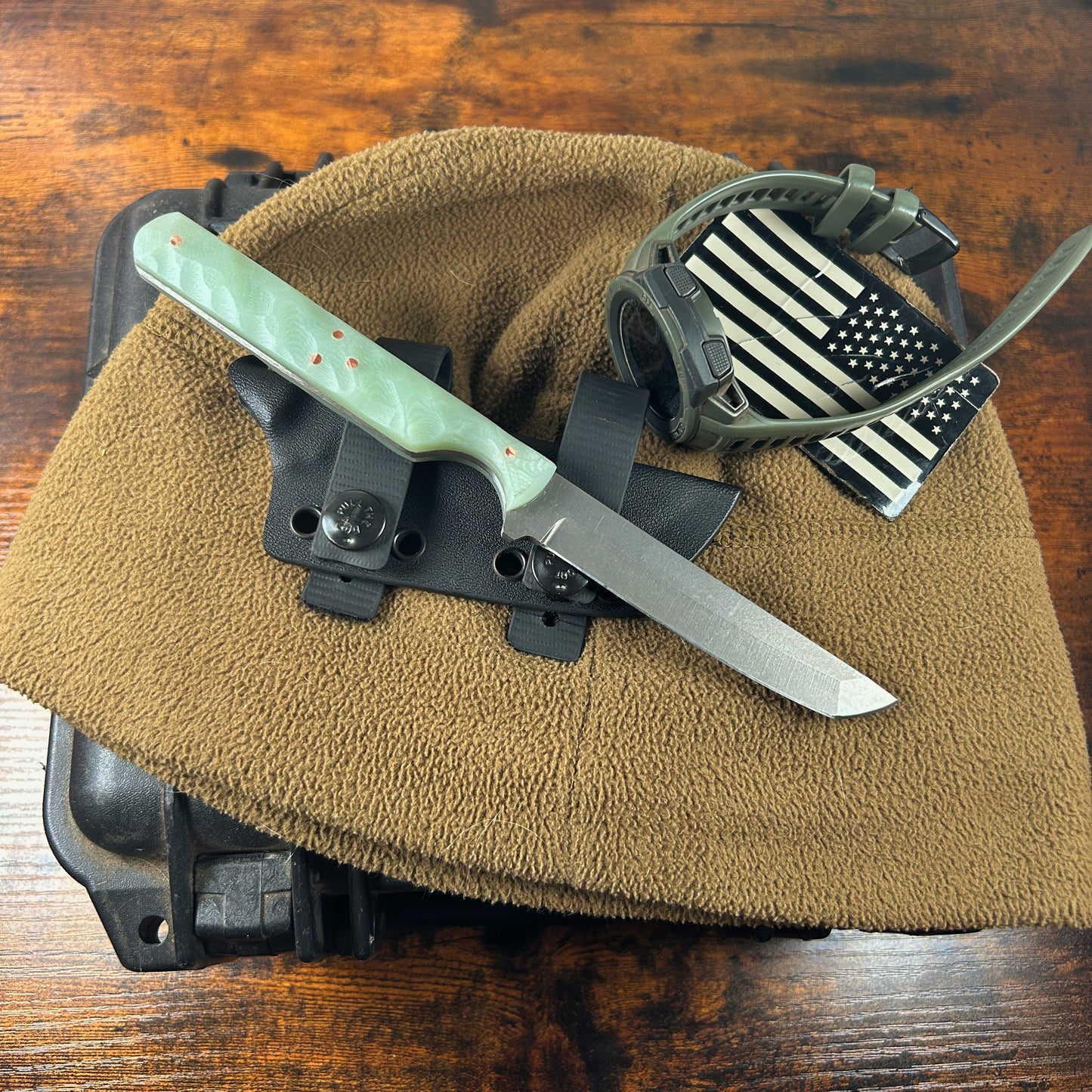 8 inch tanto knife with rock textured jade G-10 handle