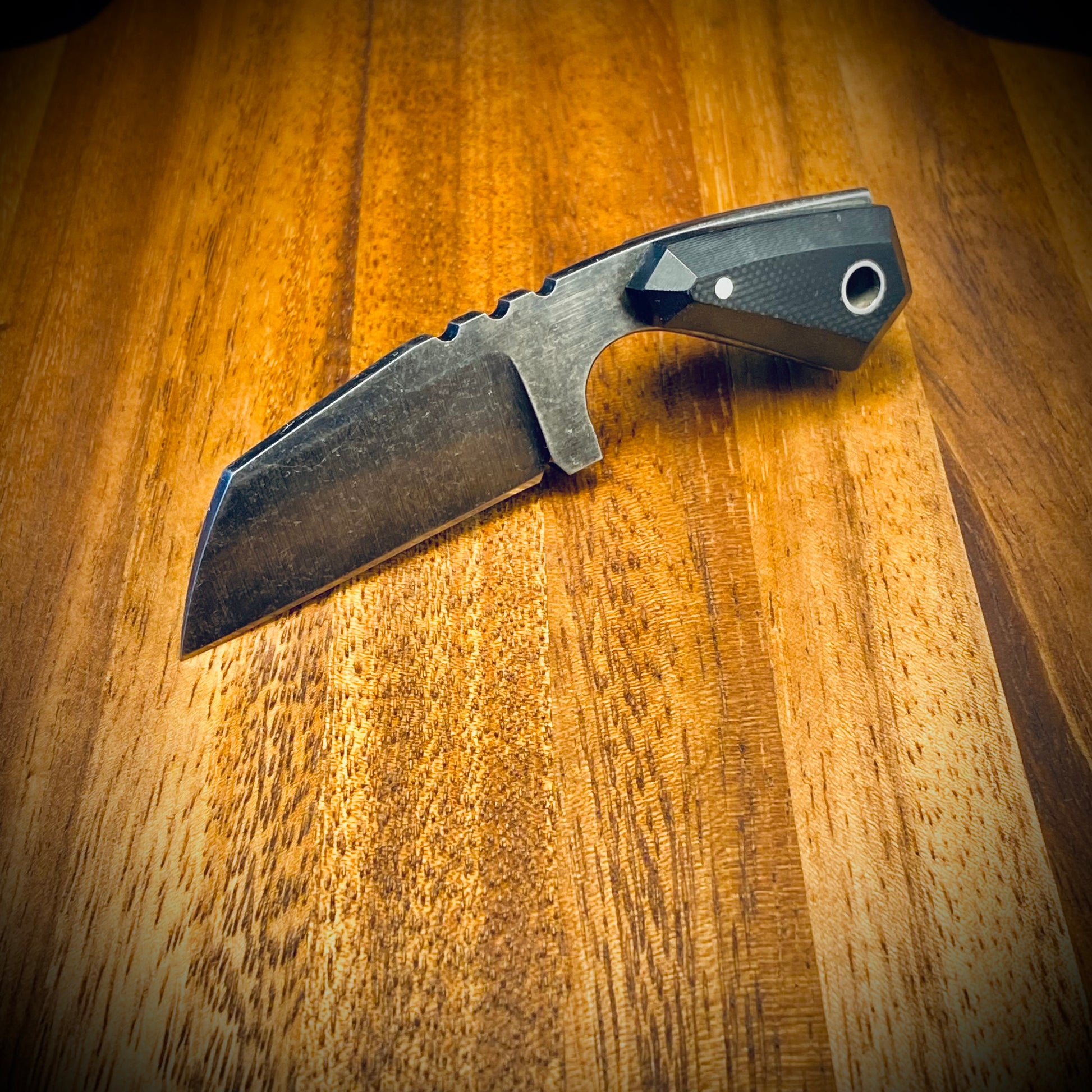 4 inch wharncliffe neck knife, black stonewashed blade & black G-10 handle